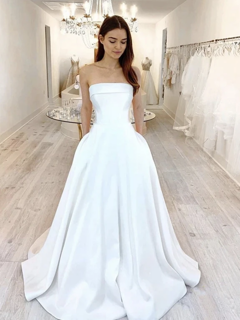 A Line Strapless White Satin Long Prom ...